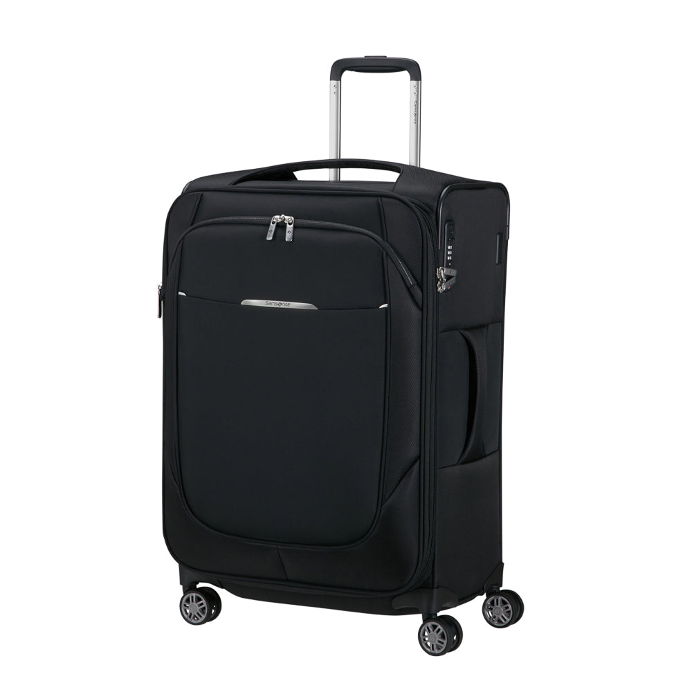 Black 67cm Samsonite Re-Lite expandable spinner suitcase with four wheels and a sturdy handle for easy travel.