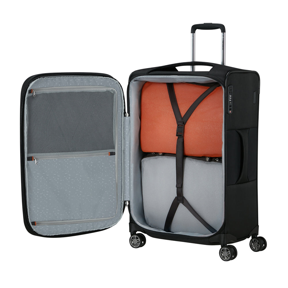Black 67cm Samsonite Re-Lite expandable spinner suitcase on a white background, showcasing its wheels and handle.