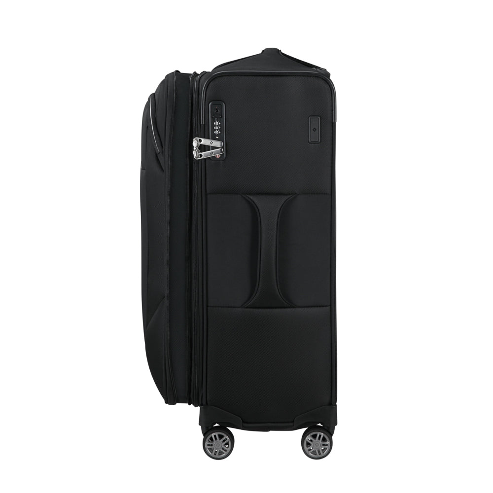 Samsonite Re-Lite 67cm expandable spinner suitcase in black, showcasing four wheels and a sleek design for easy travel.