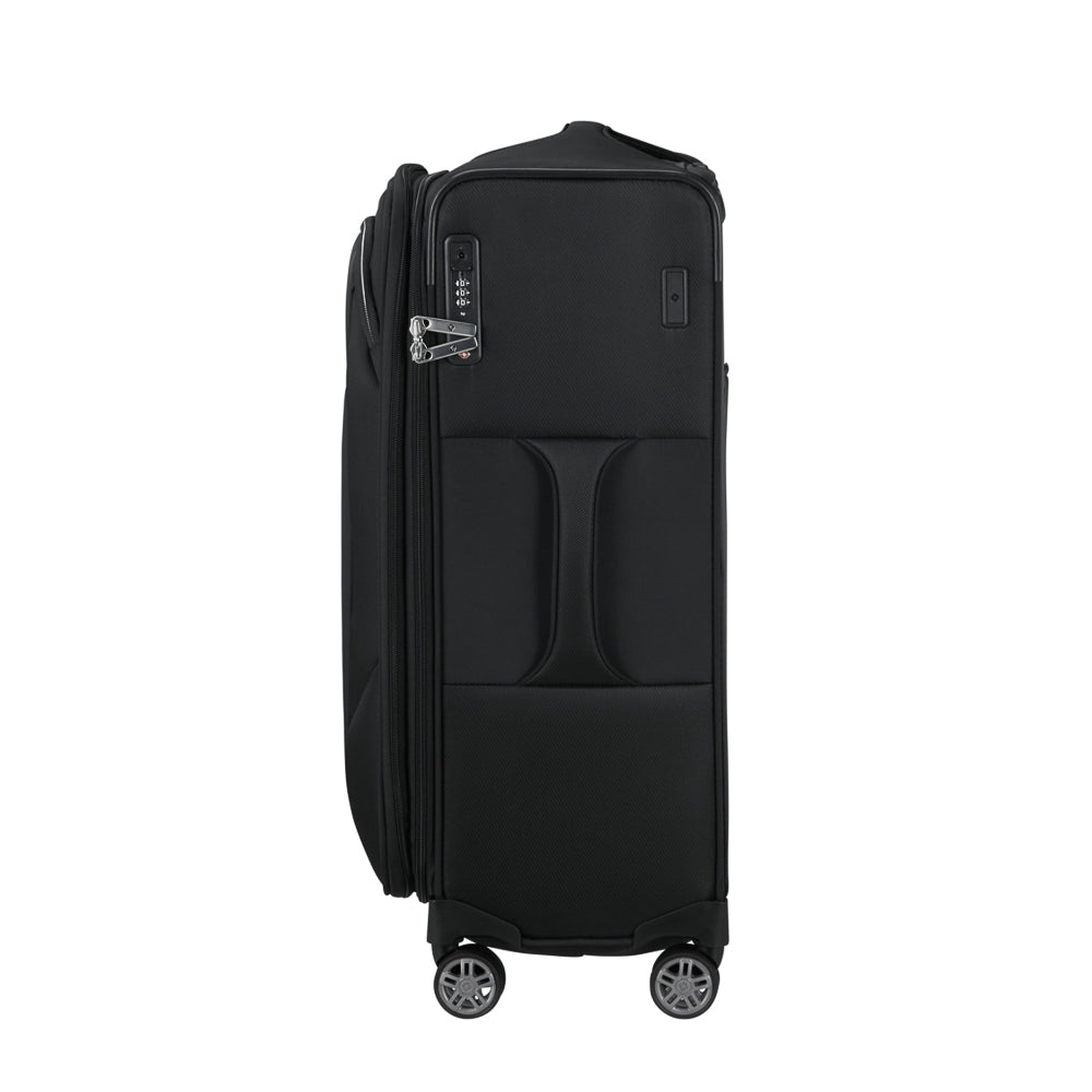 Samsonite Re-Lite 67cm expandable spinner suitcase in black, showcasing smooth wheels and spacious interior for travel.