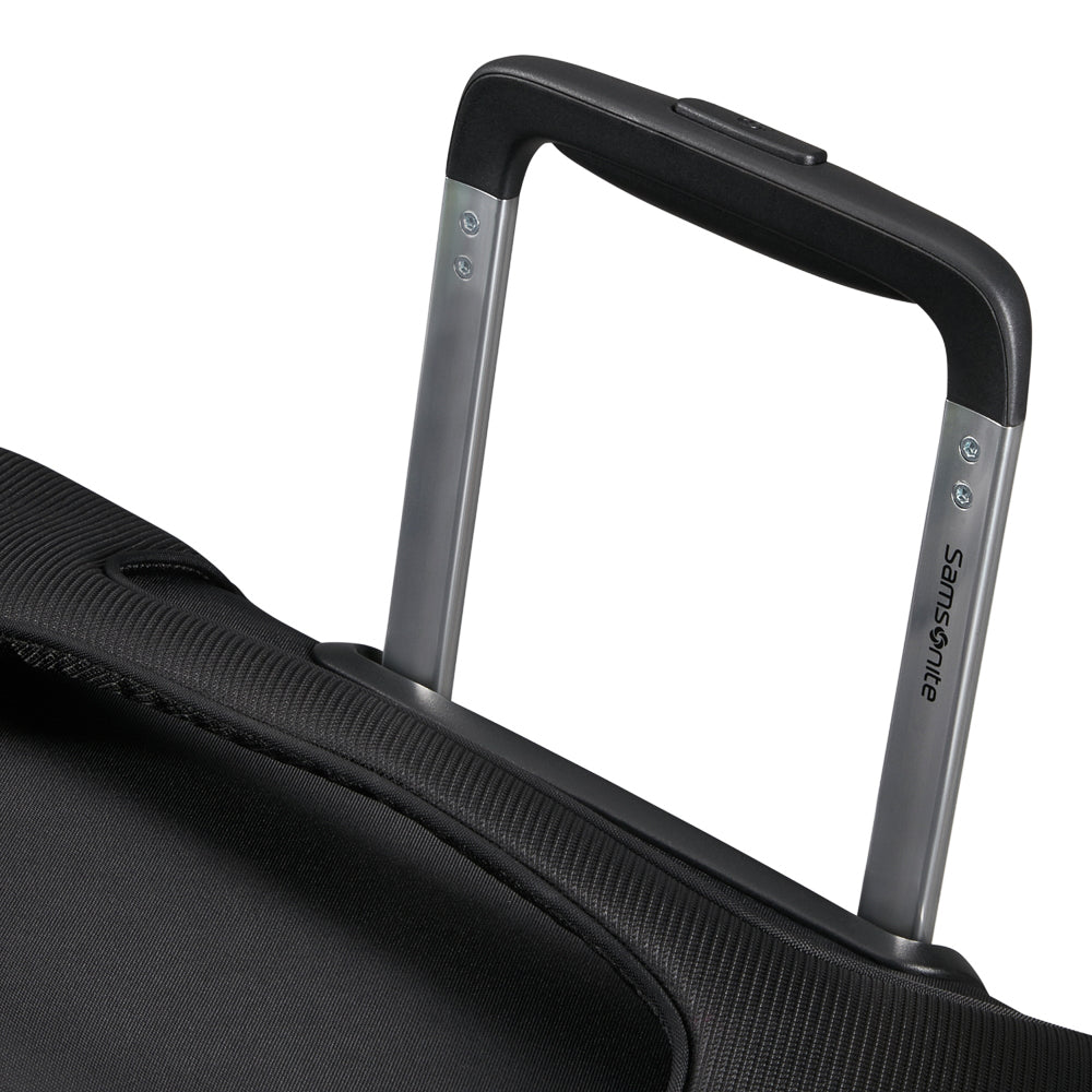 Samsonite Re-Lite 67cm expandable spinner suitcase in black, featuring four wheels and a spacious interior for travel.