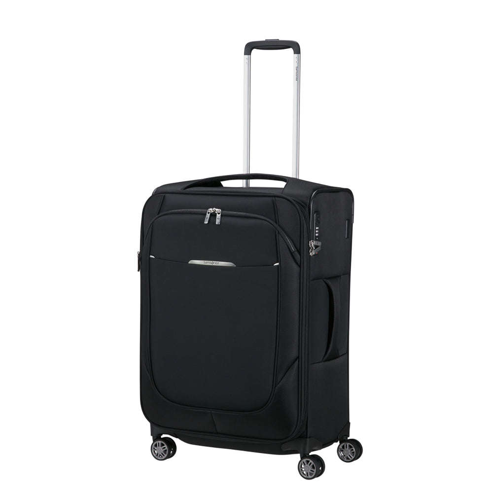 Samsonite Re-Lite 67cm expandable black spinner suitcase with smooth wheels and durable design for travel.
