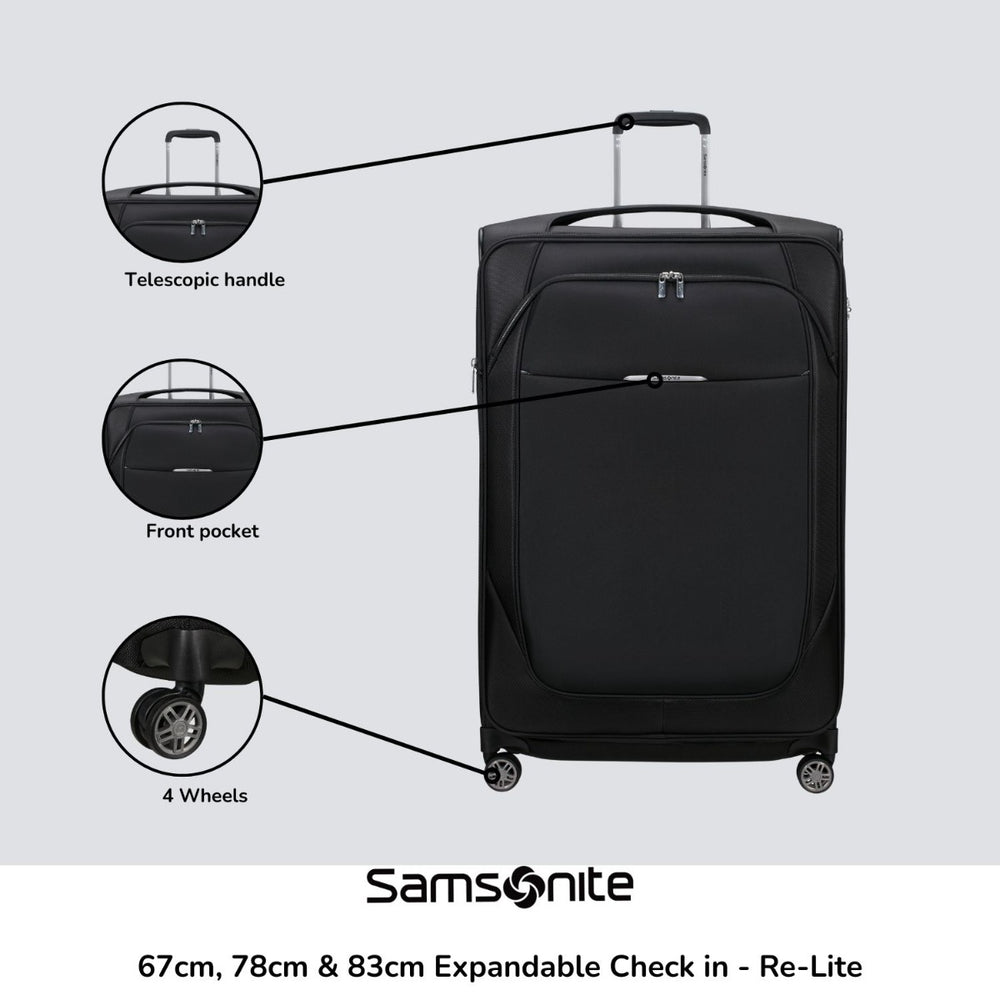 Samsonite Re-Lite 67cm expandable spinner suitcase in a sleek design with smooth wheels and durable exterior.