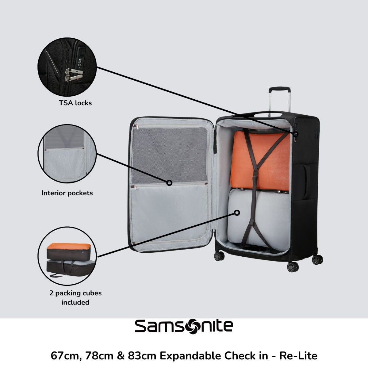 Samsonite Re-Lite 67cm expandable spinner suitcase in a sleek design, showcasing its wheels and durable exterior.