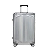 Samsonite Lite-Box Aluminium 69cm spinner suitcase in silver, featuring a sleek design and durable construction.