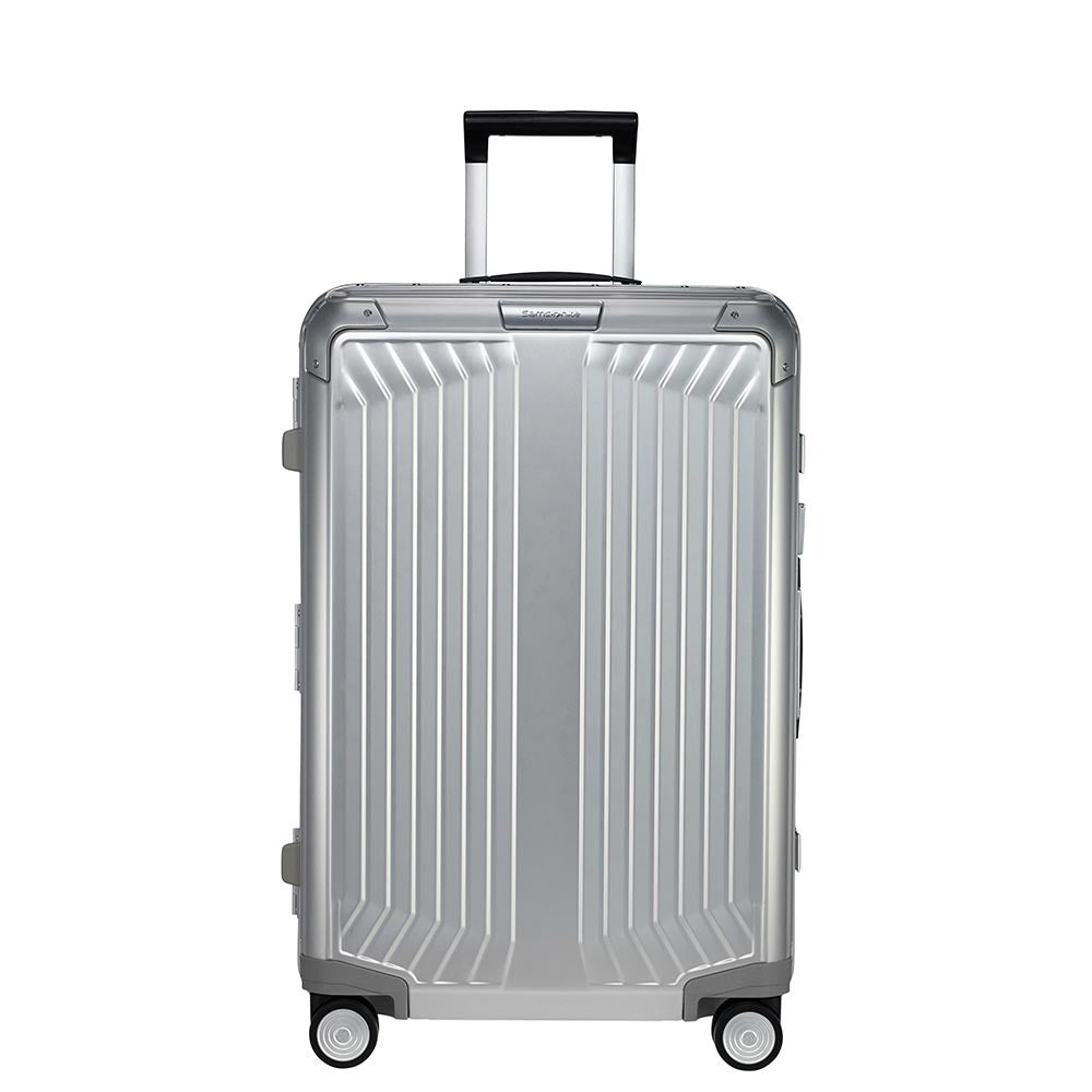 Samsonite Lite-Box Aluminium 69cm spinner suitcase in silver, featuring a sleek design and durable construction.