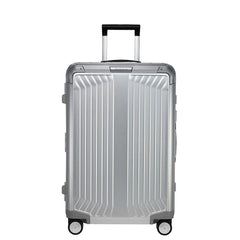 Samsonite Lite-Box Aluminium 69cm spinner suitcase in silver, featuring a sleek design and durable construction.