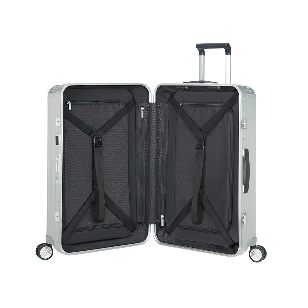 Samsonite Lite-Box Aluminium 69cm spinner suitcase with sleek design and sturdy wheels, ideal for check-in luggage.