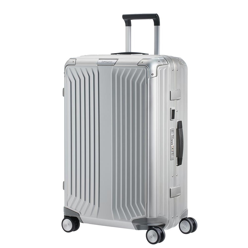 Samsonite Lite-Box Aluminium 69cm spinner suitcase in a sleek design, showcasing the exterior and wheels.