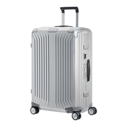 Samsonite Lite-Box Aluminium 69cm spinner suitcase in a sleek design, showcasing the exterior and wheels.