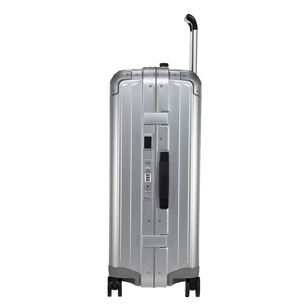 Samsonite Lite-Box Aluminium 69cm spinner suitcase with a sleek design and smooth-rolling wheels.