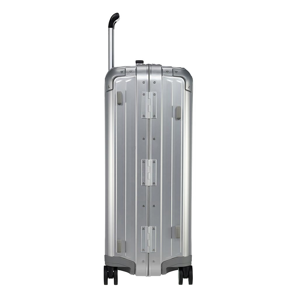 Samsonite Lite-Box Aluminium 69cm spinner suitcase in a sleek design with four wheels for easy mobility.
