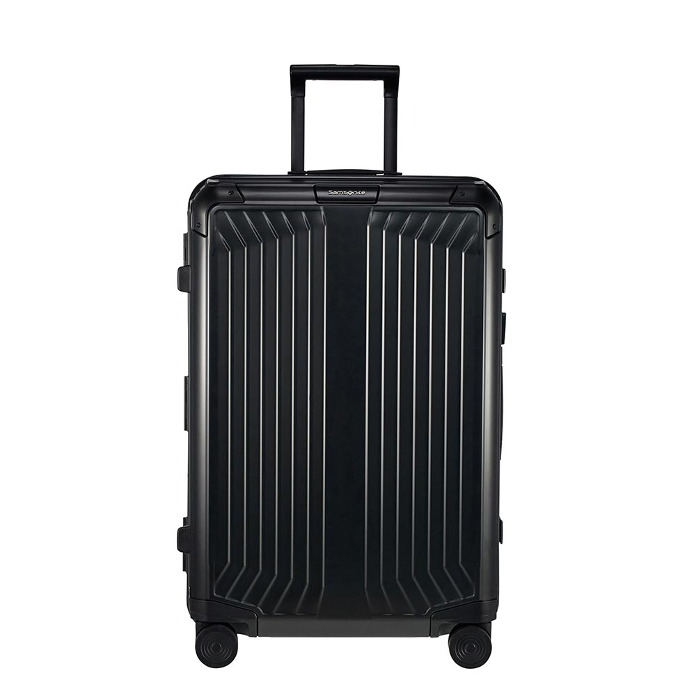 Samsonite Lite-Box Aluminium 69cm spinner suitcase in black, showcasing sleek design and durable exterior.