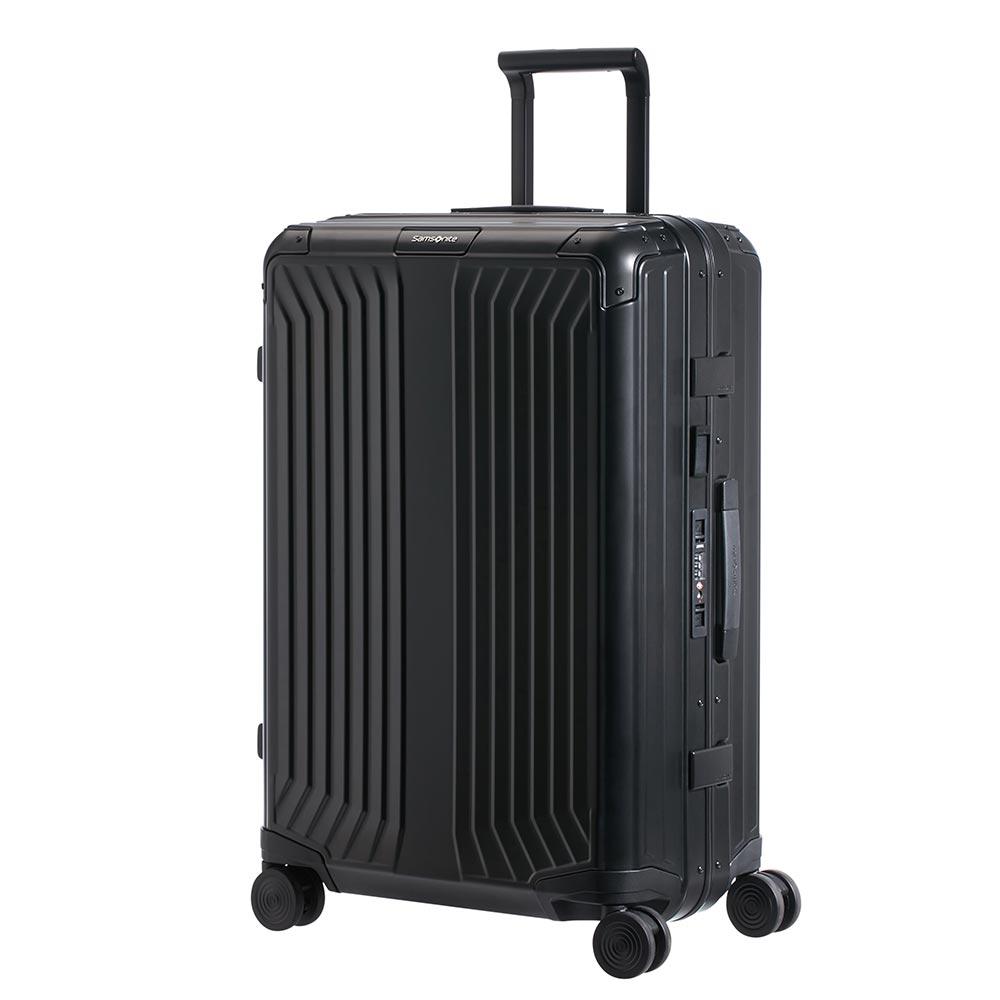 Samsonite Lite-Box Aluminium 69cm black spinner suitcase, featuring a sleek design and durable construction.
