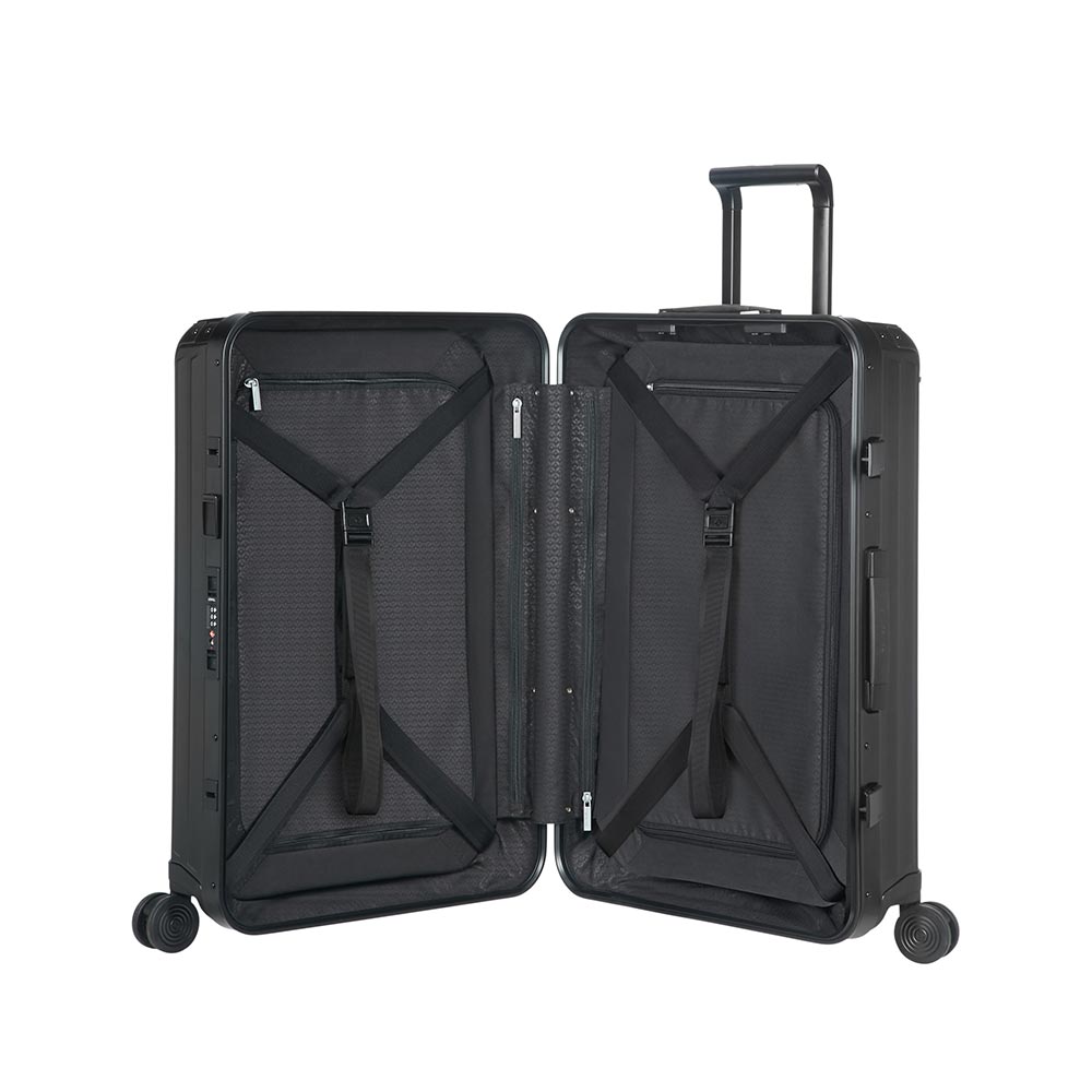 Samsonite Lite-Box Aluminium 69cm spinner suitcase in black, featuring smooth wheels and durable aluminum construction.