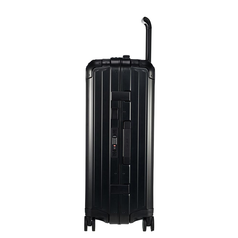 Samsonite Lite-Box Aluminium 69cm spinner suitcase in black, featuring smooth wheels and a sleek design.
