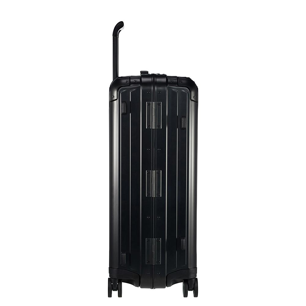 Samsonite Lite-Box 69cm black spinner suitcase with aluminum exterior and smooth-rolling wheels, ideal for travel.