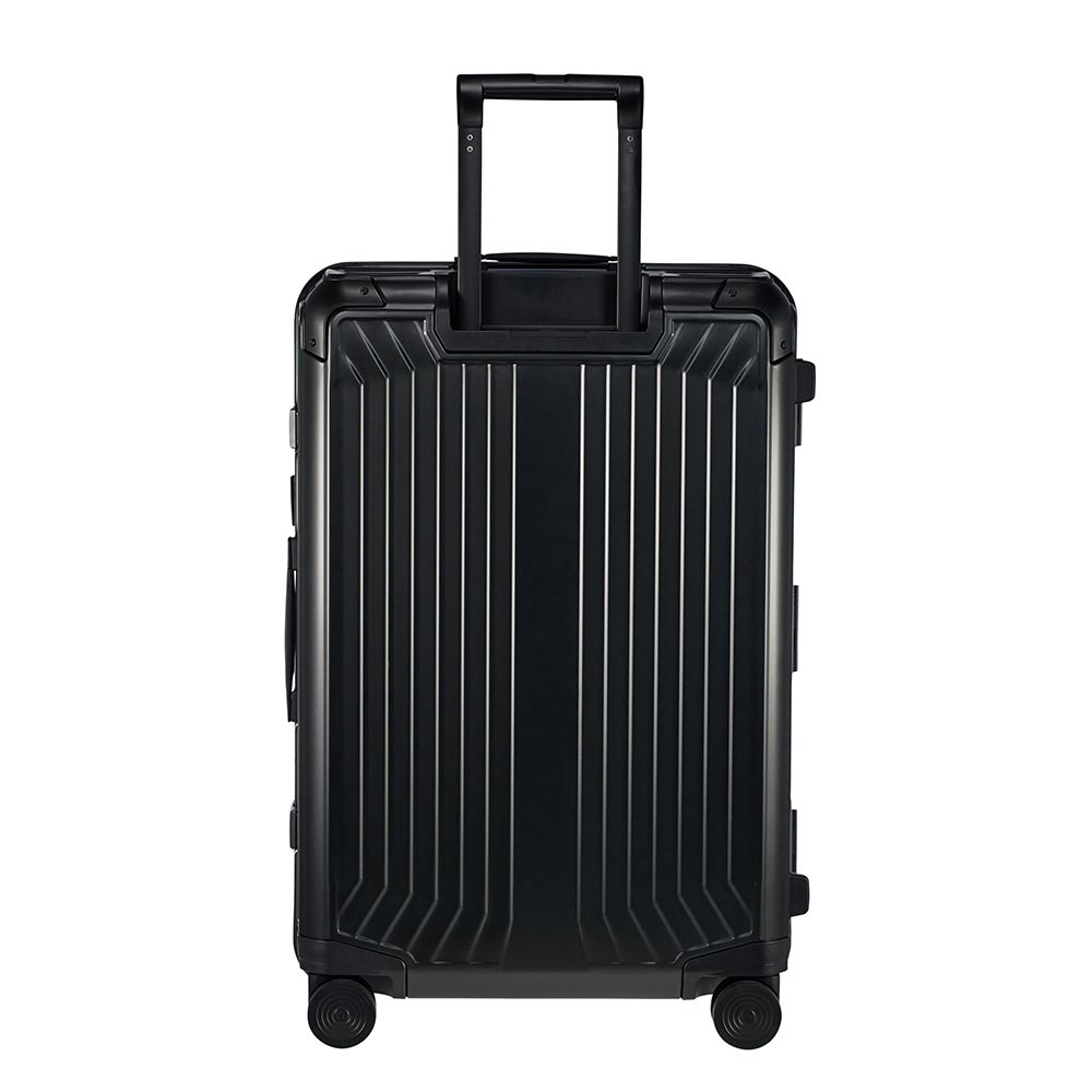 Samsonite Lite-Box Aluminium 69cm spinner suitcase in black, showcasing smooth wheels and a sleek design.