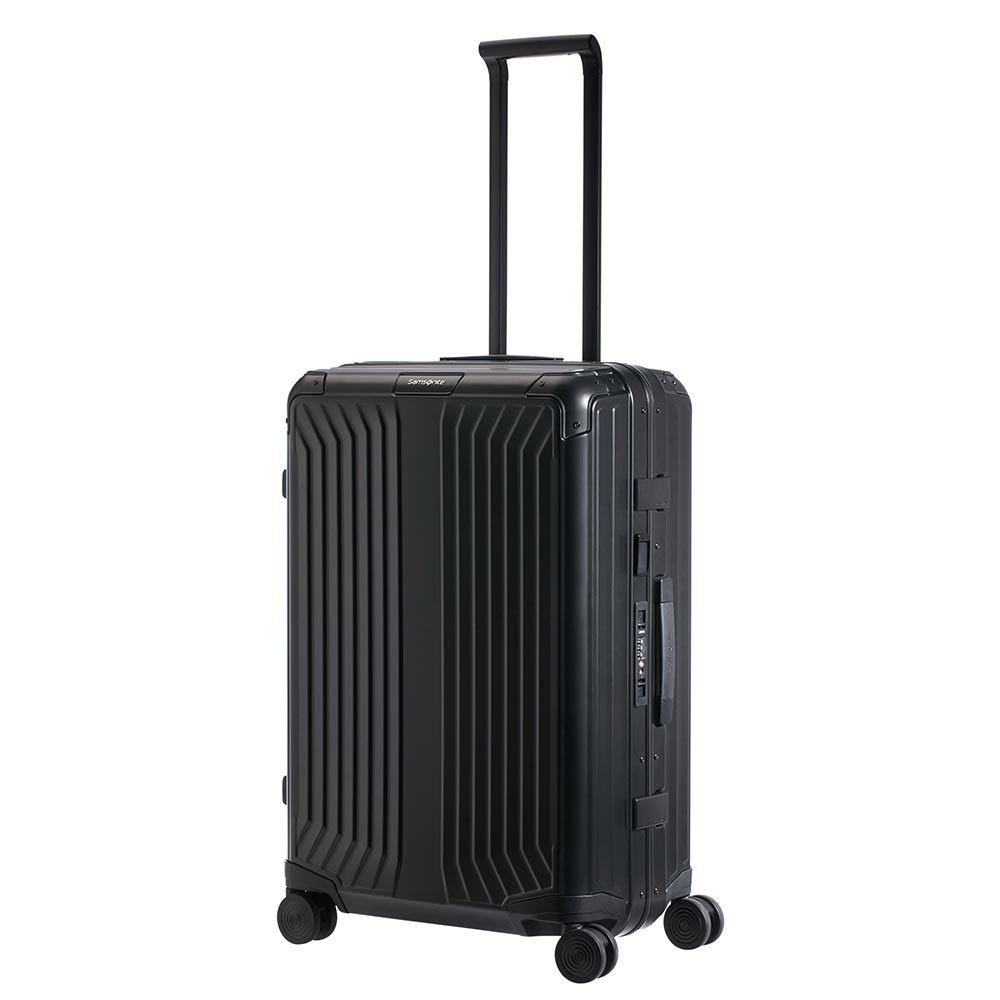 Samsonite Lite-Box 69cm spinner suitcase in black, showcasing its durable aluminum design and smooth-rolling wheels.