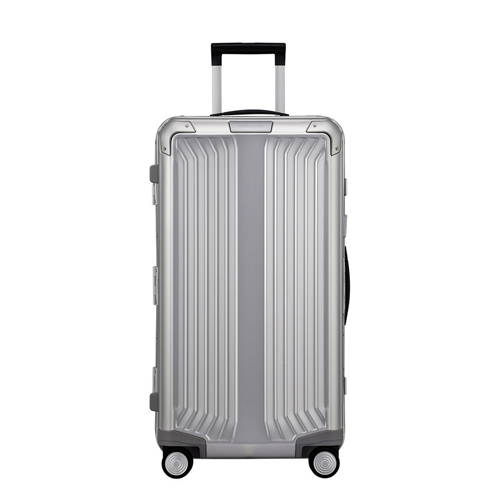 Samsonite Litebox Aluminium 74cm trunk suitcase in silver, featuring a sleek design and durable exterior for travel.