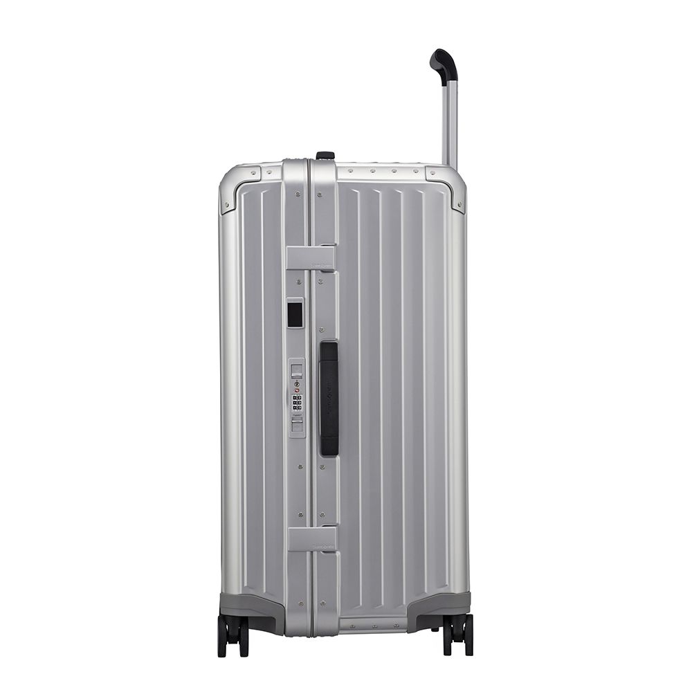 Samsonite Litebox 74cm trunk suitcase in aluminium, showcasing sleek design and durable exterior for check-in luggage.