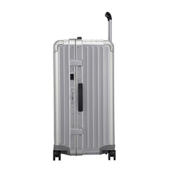 Samsonite Litebox 74cm trunk suitcase in aluminium, showcasing sleek design and durable exterior for check-in luggage.