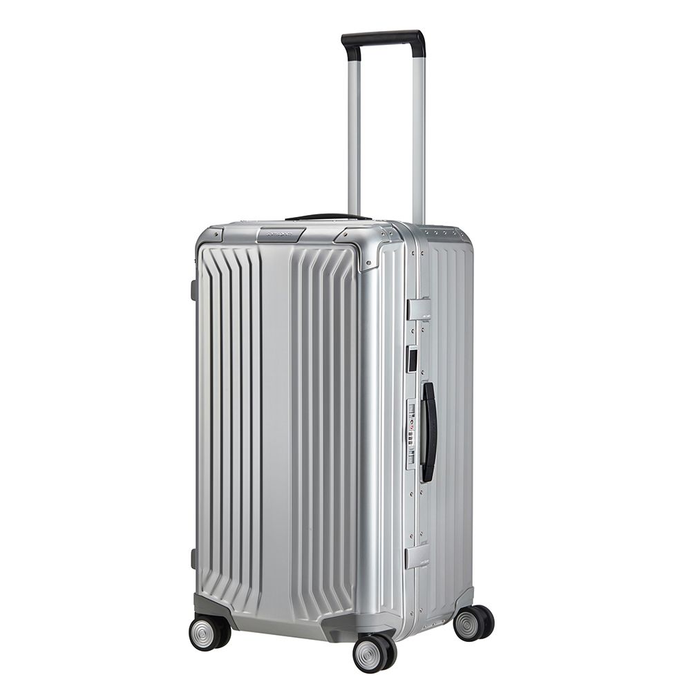 Samsonite Litebox 74cm trunk suitcase in aluminium with a sleek design and sturdy wheels for easy travel.