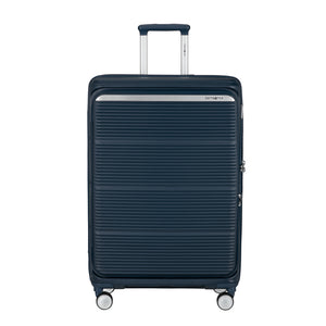 75cm navy expandable spinner suitcase by Samsonite, featuring wheels and a sturdy handle for easy travel.