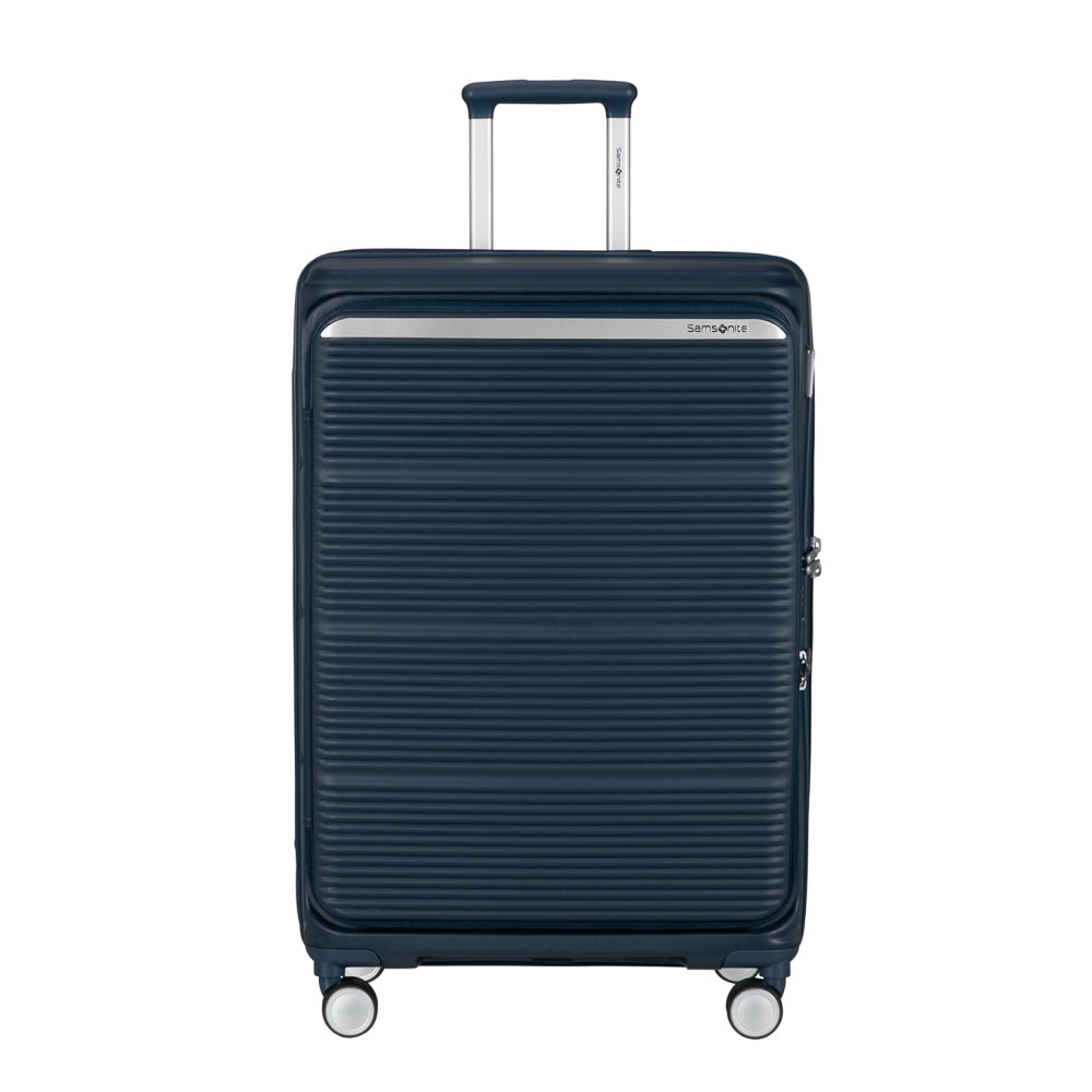 75cm navy expandable spinner suitcase by Samsonite, featuring wheels and a sturdy handle for easy travel.
