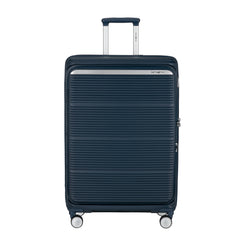 75cm navy expandable spinner suitcase by Samsonite, featuring wheels and a sturdy handle for easy travel.