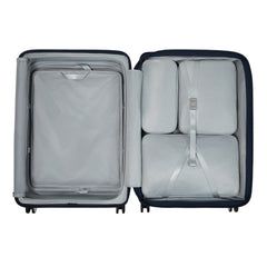 Navy 75cm expandable spinner suitcase by Samsonite, featuring smooth wheels and durable exterior for travel convenience.