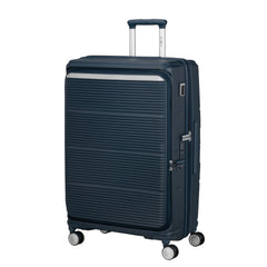 Navy 75cm expandable spinner suitcase by Samsonite, showcasing four wheels and a spacious interior for travel convenience.