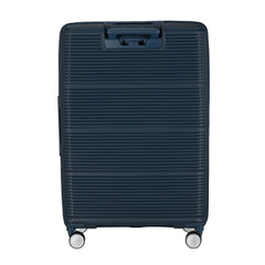 Navy 75cm expandable spinner suitcase by Samsonite, featuring four wheels and a sturdy handle for easy travel.