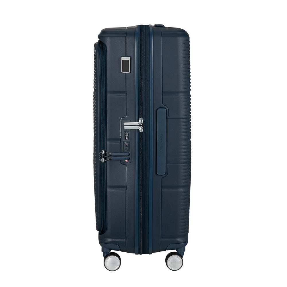 Navy 75cm expandable spinner suitcase from Samsonite, featuring four wheels and spacious interior for travel convenience.