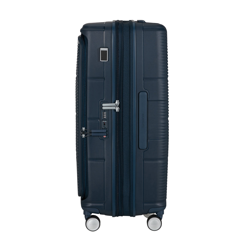 Navy 75cm expandable spinner suitcase from Samsonite Luggage, featuring four wheels and a sturdy handle for easy travel.