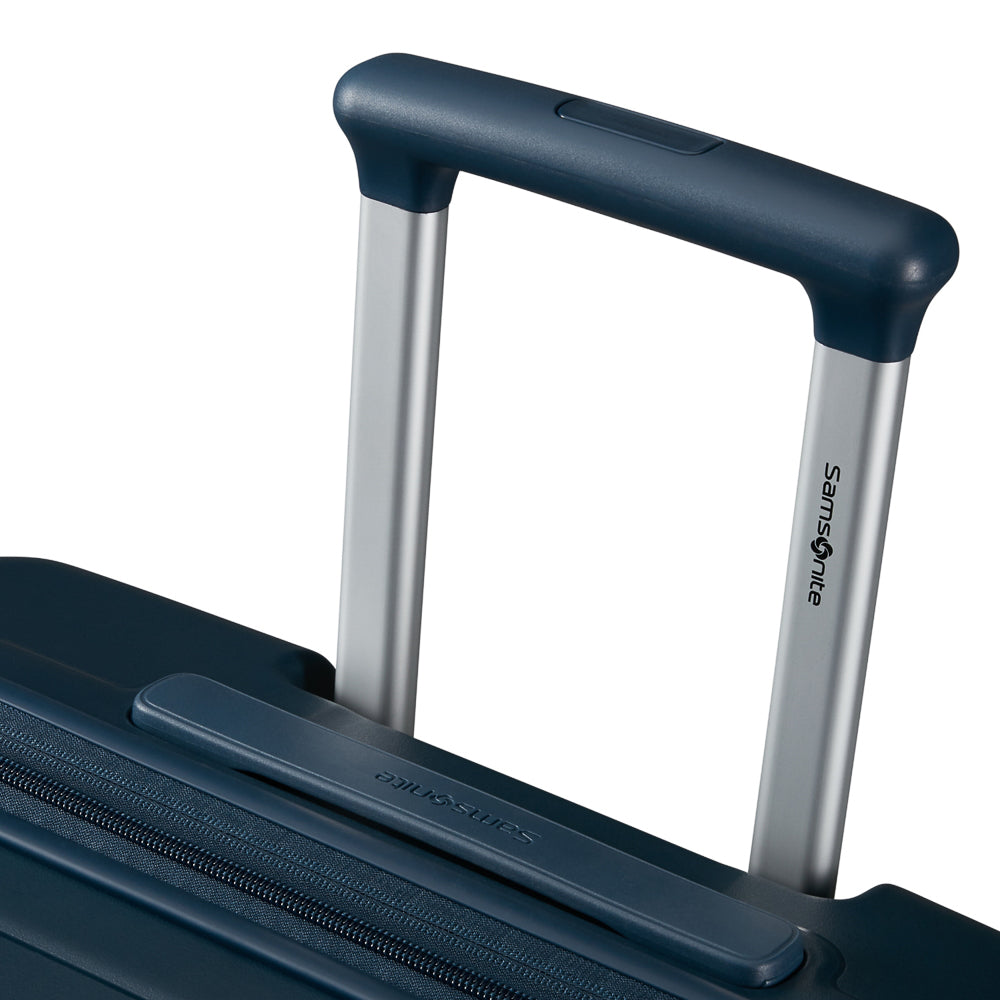 Navy 75cm expandable spinner suitcase by Samsonite, featuring four wheels and a sturdy handle for easy travel.