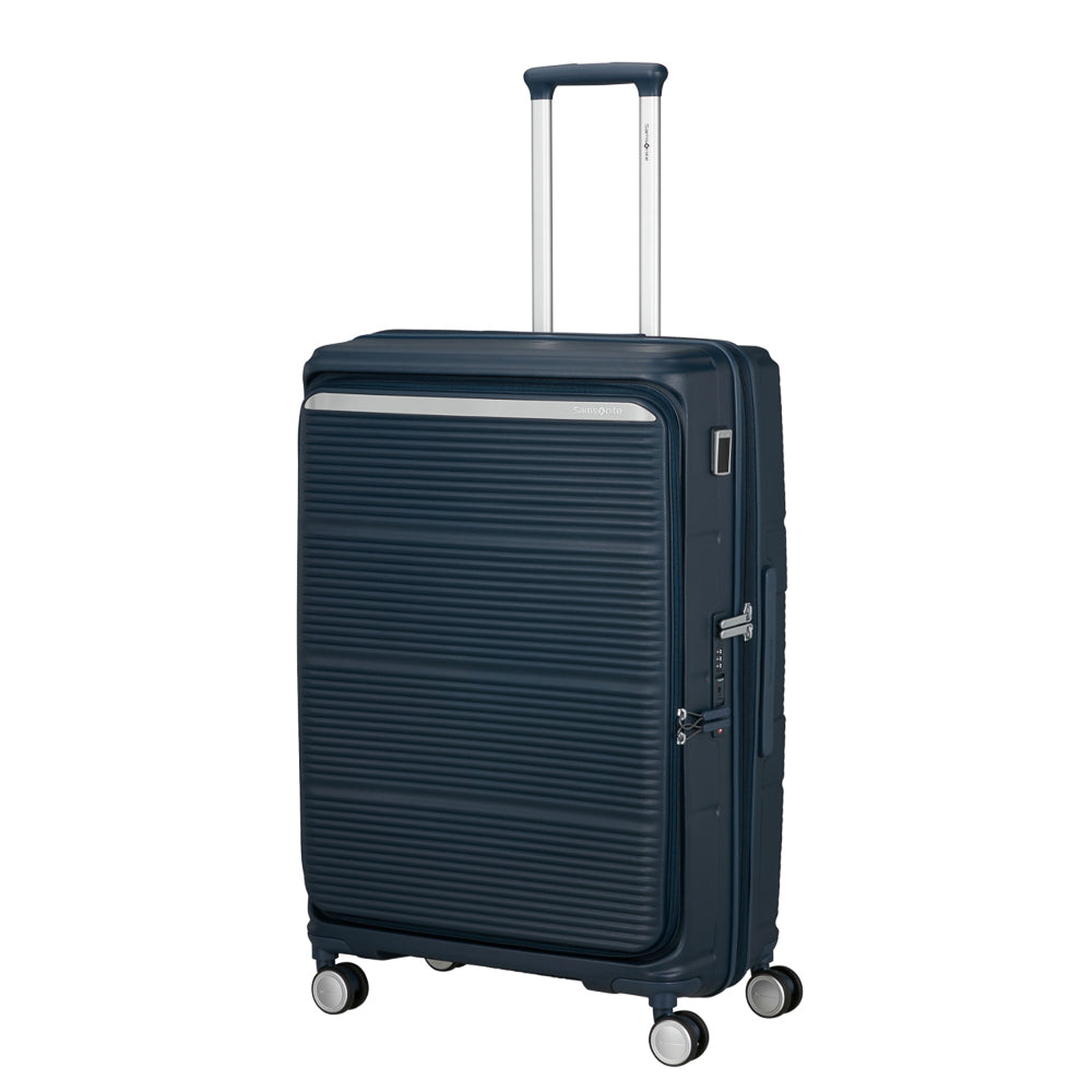75cm navy expandable spinner suitcase by Samsonite, featuring wheels and a sturdy handle for easy travel.