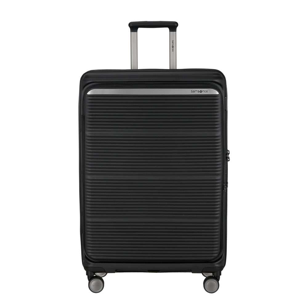 Samsonite 75cm expandable black spinner suitcase with smooth wheels and sturdy handle for travel convenience.