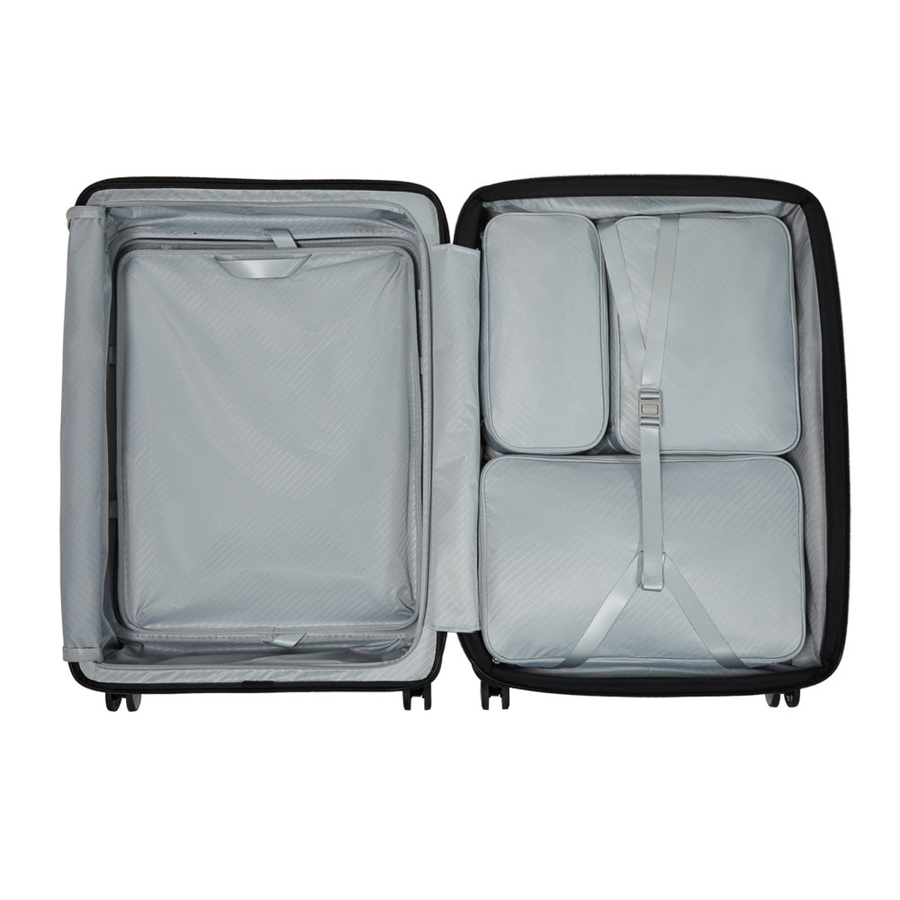 Black 75cm expandable spinner suitcase from Samsonite, featuring smooth wheels and a sturdy handle for easy travel.