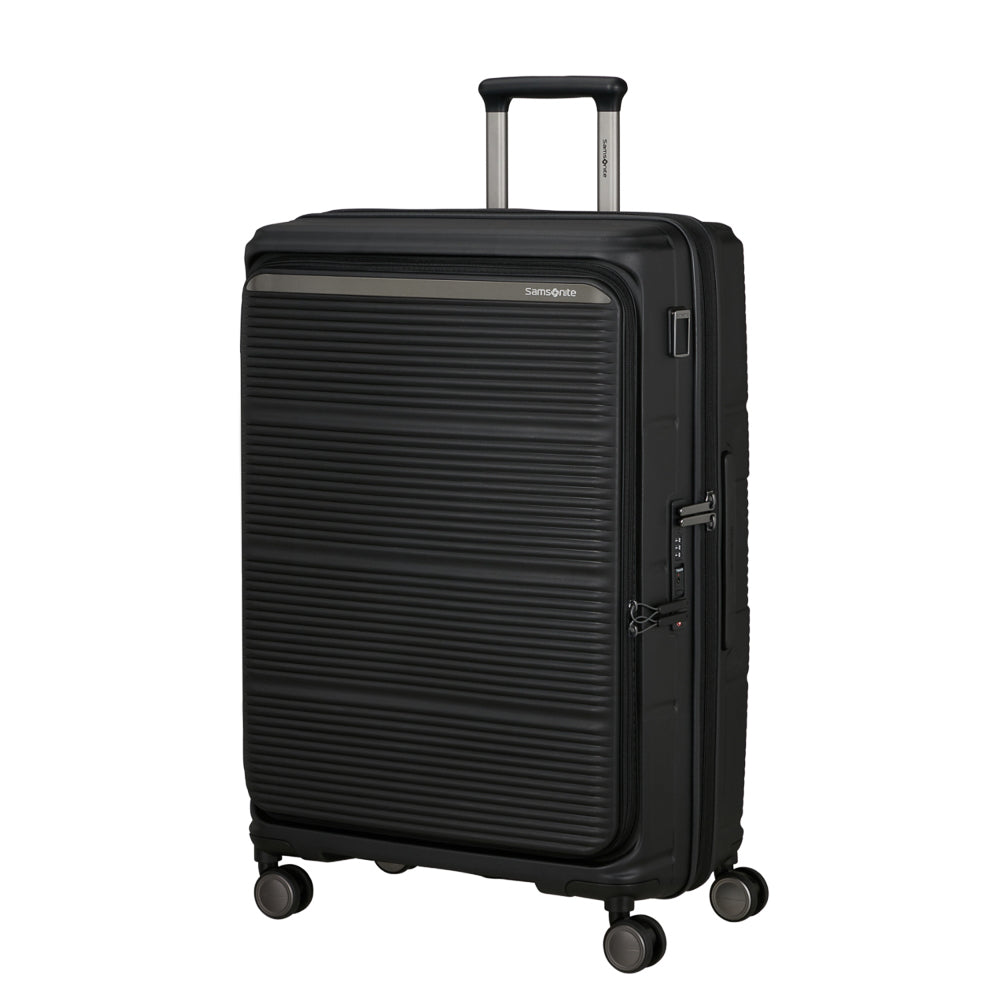 Black 75cm expandable spinner suitcase by Samsonite, featuring smooth wheels and sturdy handles for easy travel.