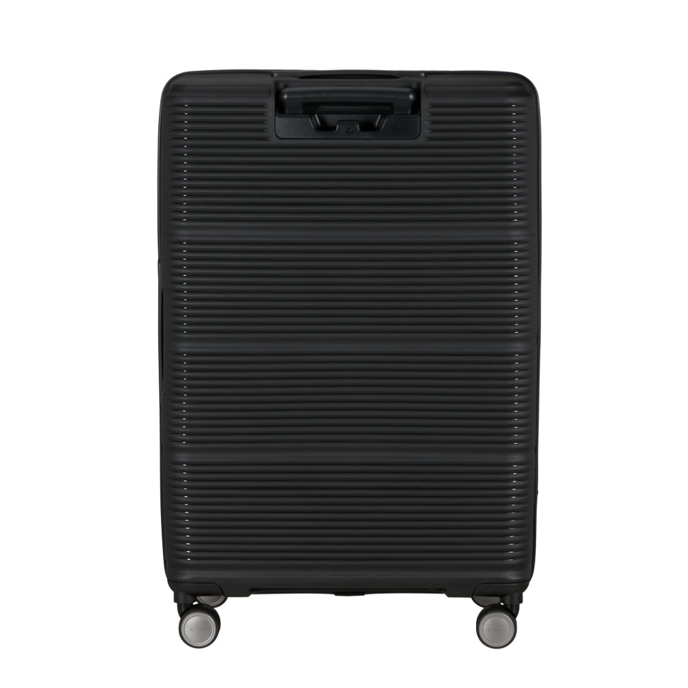 Black 75cm expandable spinner suitcase by Samsonite with smooth wheels and sturdy handles, ideal for check-in luggage.
