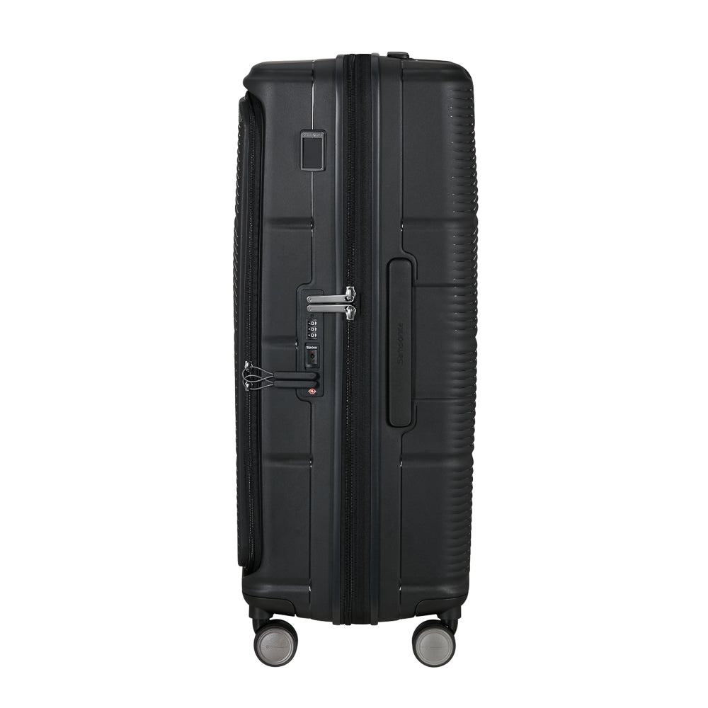 Black 75cm expandable spinner suitcase by Samsonite, featuring smooth wheels and a durable exterior for travel convenience.
