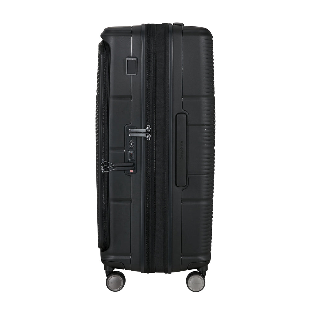 75cm black expandable spinner suitcase by Samsonite, showcasing smooth wheels and a spacious interior for travel convenience.