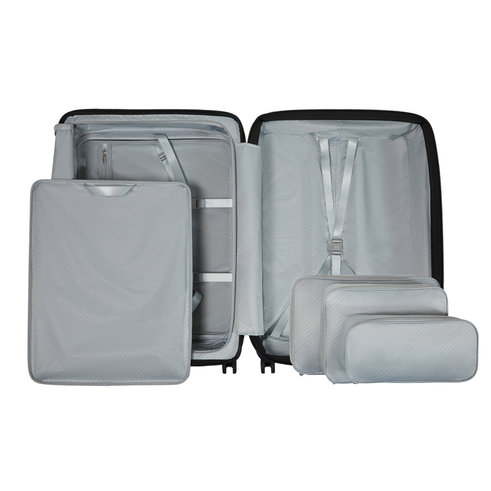 Samsonite Paralux 75cm expandable spinner suitcase in black, featuring four wheels and a spacious interior for travel.