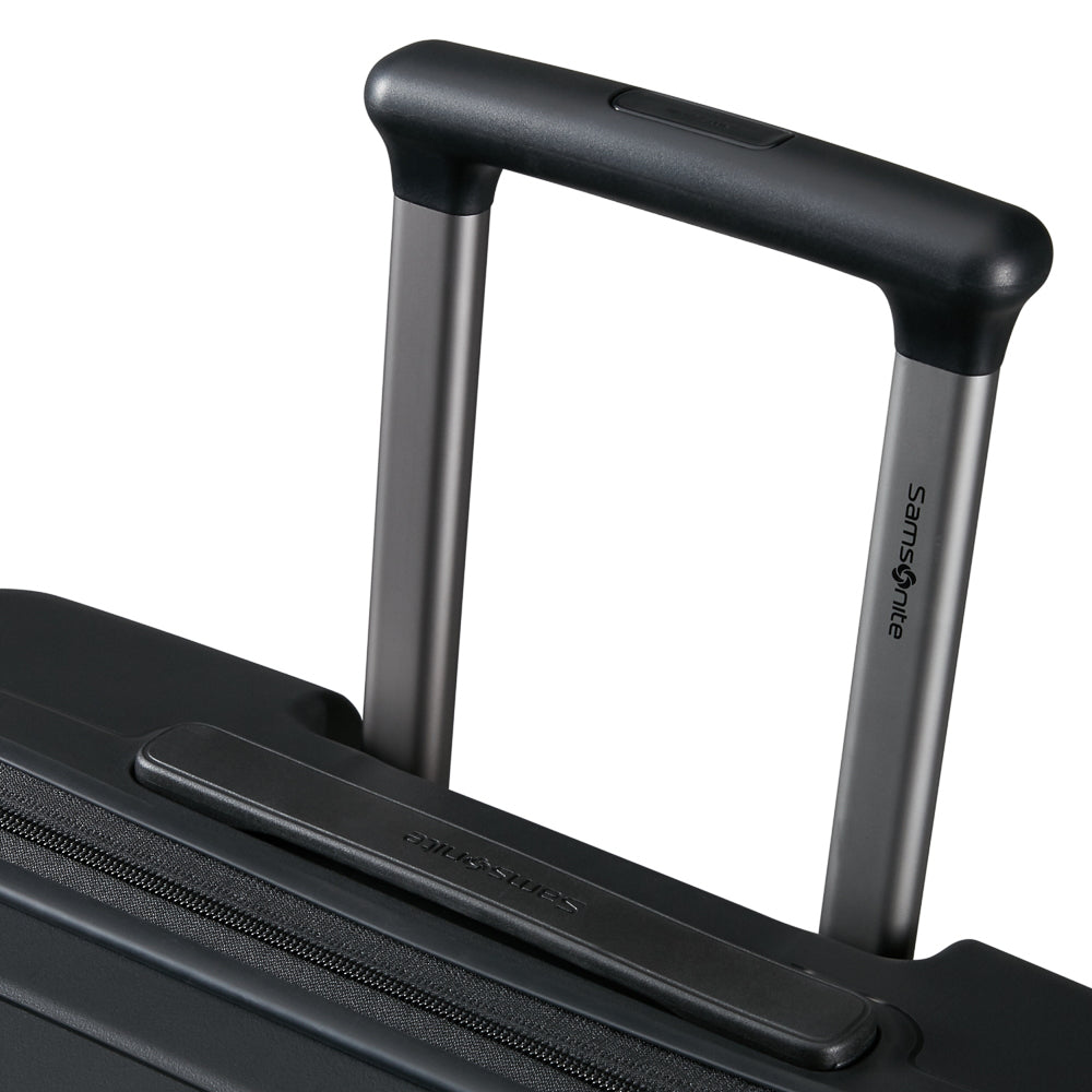 75cm black expandable spinner suitcase by Samsonite, featuring four wheels and a sturdy handle for easy travel.