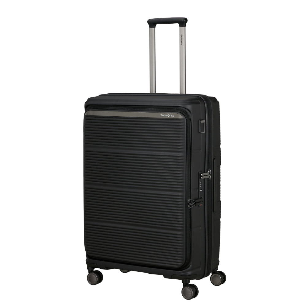 Black 75cm expandable spinner suitcase by Samsonite, featuring smooth wheels and a durable design for travel convenience.