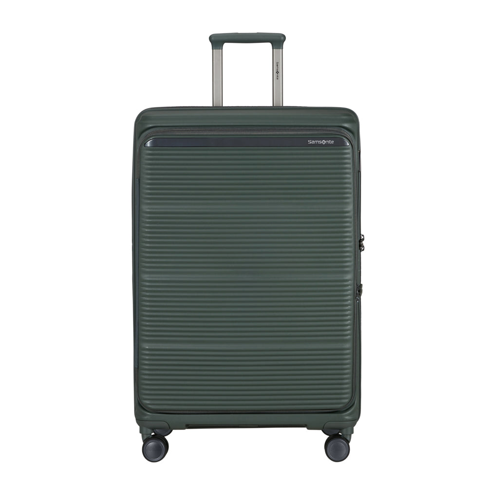Olive green 75cm expandable spinner suitcase by Samsonite, featuring four wheels and a durable exterior.
