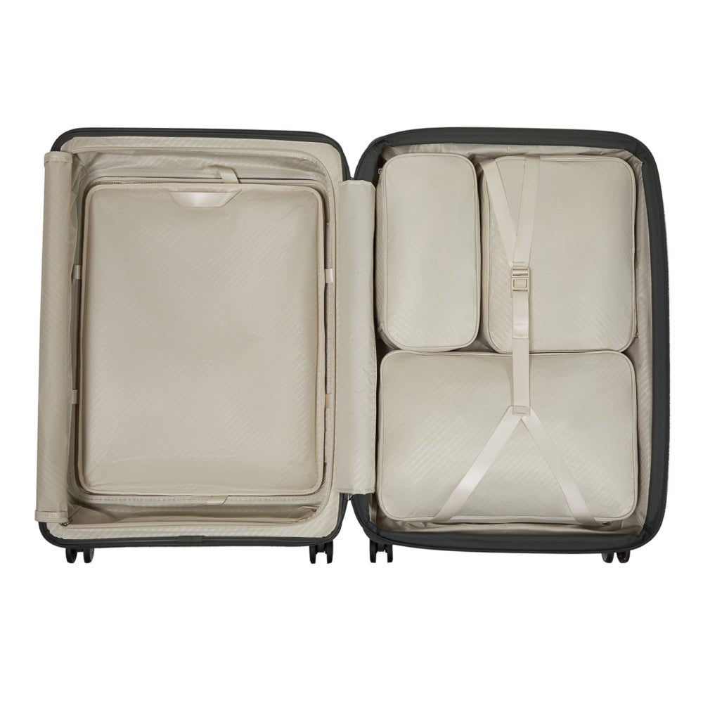 Olive 75cm expandable spinner suitcase by Samsonite, featuring smooth wheels and sturdy handles for easy travel.