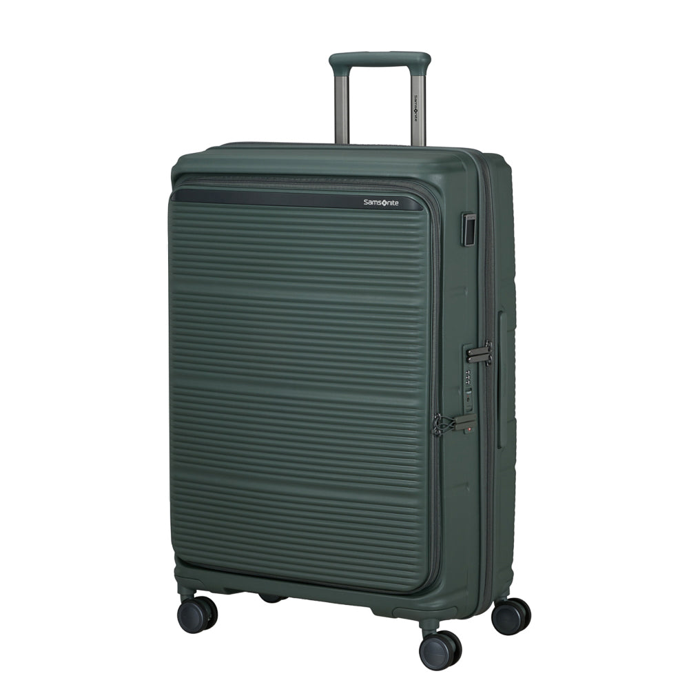 Olive 75cm expandable spinner suitcase by Samsonite, featuring sturdy wheels and a spacious interior for travel convenience.