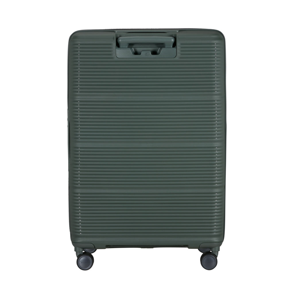 Olive green 75cm expandable spinner suitcase by Samsonite, featuring smooth wheels and a spacious interior for travel.